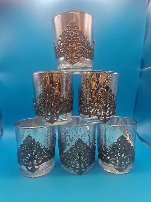 Buy Set Of 6 Tea Light Vintage Glass Candle Holders With Antique Silver Metal Decor • 20£