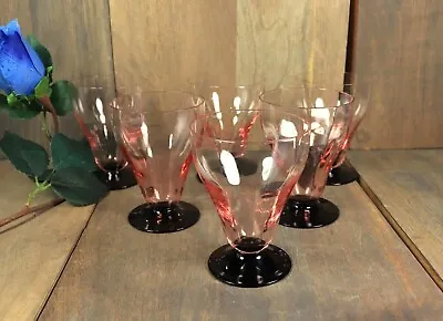 Buy 6 Antique Art Deco Czech Bohemian Pink Black Footed Depression Glass Glasses Set • 131.87£
