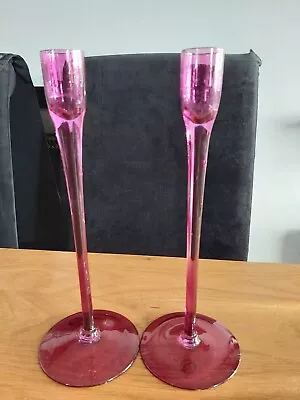 Buy Pair Of Hand Blown Wine Coloured Glass Long Stem Candle Holders. 10  Tall  • 7.99£