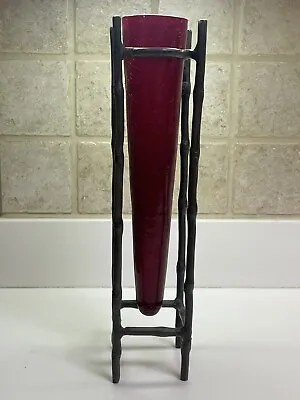 Buy Red Crackle Glass Cone-Shaped Vase With Metal Holder • 19.17£