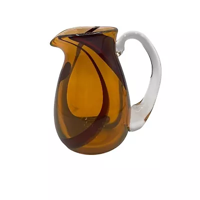Buy Hand Blown Glass Pitcher 5.5” Amber Red Swirl Applied Handle Signed M Smith 2001 • 94.86£