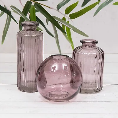 Buy Set Of 3 Purple Amethyst Vintage Glass Ribbed Bottle Flower Display Bud Vases • 11.95£
