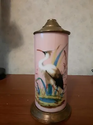 Buy Antique Painted Milk Glass Lamp Vase Heron Stork Pink • 71.12£