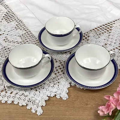 Buy Royal Worcester Fine Bone China  Avalon   3 X Cups & Saucers White Navy Blue • 12.99£