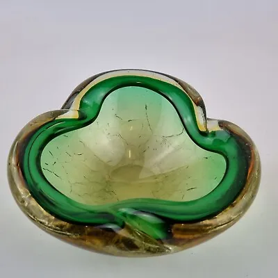 Buy Vintage Murano Green & Amber Glass Bowl With Crackled Decoration • 39£