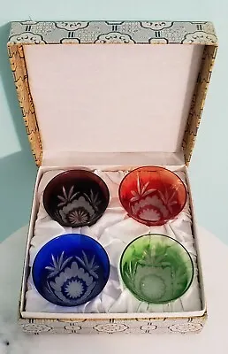 Buy Vintage Colored Cut To Clear Crystal Whiskey Shot Glasses. Set Of 4 Original Box • 67.51£