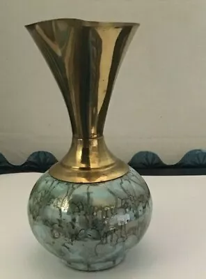 Buy Delftware W. B. Leersum Hand-Painted Vase 5.75  Brass Accents Green Holland • 7.52£