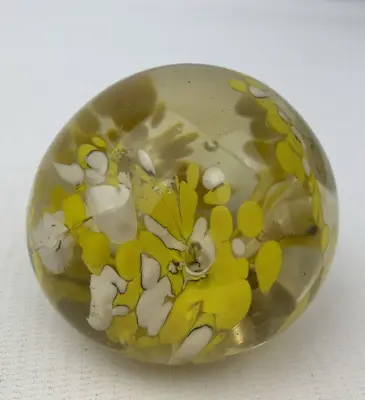 Buy Murano Style Hand Blown Paperweight Glass Yellow Flowers 5 Cm Vintage Dotted M58 • 5.13£