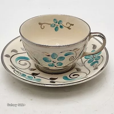 Buy Vintage Gray's Pottery England Cup Saucer Teal Silver Handpainted 1933-50 • 38.57£