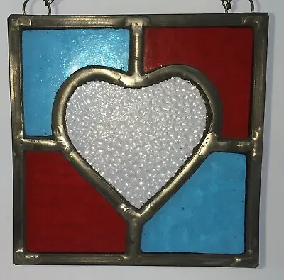 Buy L001 Leaded Stained Glass Panel Suncatcher Wall Hanging - Heart Aqua/Red 13cm • 24.50£