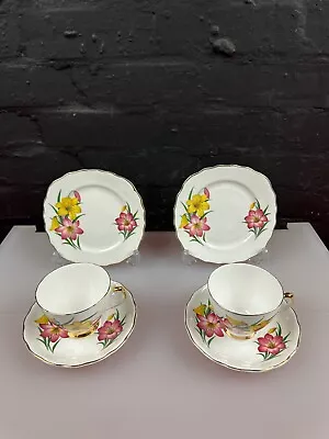Buy 2 X Crown Regent Flowers Yellow Pink Tea Trios Cups Saucers And Side Plate Set • 15.99£