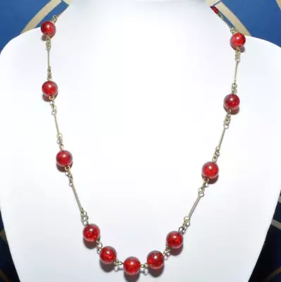 Buy Delightful Vintage Art Deco Bright Red Crackle Glass Wire Necklace • 9.99£