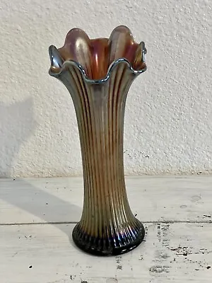 Buy Northwood Swung Vase Carnival Glass Amethyst Iridescent Ribbed 9.5” Tall Vintage • 37.93£