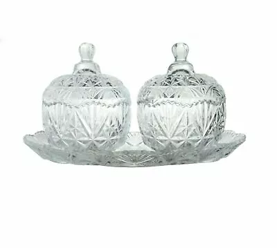 Buy 3PC Glass Sweet Sugar Bowl With Lid Tray Crystal Effect Candy Bonbon Dish Jar • 10.99£
