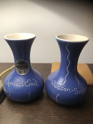 Buy 2 Fosters Studio Pottery Blue Devon  Ware Vases ‘Lands End’ & ‘Weston S Mare’ • 6.50£