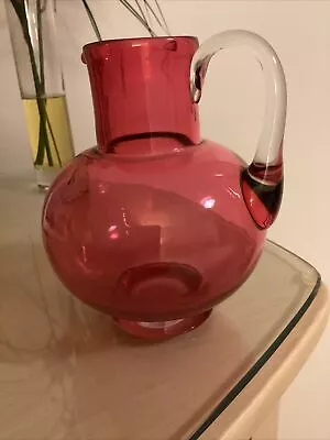 Buy Antique Victorian Cranberry Glass Water Jug Clear Handle & Base Chip On Rim • 5£