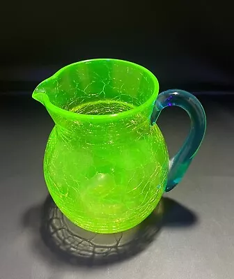 Buy Tiffin Glass Co. Vaseline Crackle Glass Pitcher With Applied Blue Handle 7-1/2  • 89.61£