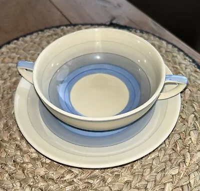 Buy Susie Cooper Wedding Band Two Handled Soup Cup & Saucer Vintage Blue Grey • 12£