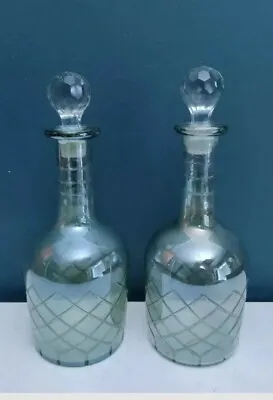 Buy Pair Of Vintage Iridescent Lustre Smoky Cut Glass Decanters With Clear Stoppers  • 38£