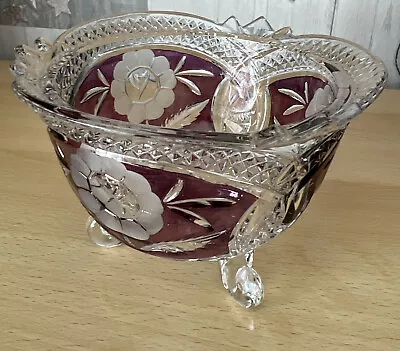Buy Vintage Cranberry Tri Footed  Glass Bowl. Cut To Clear Sweet Dish • 10£