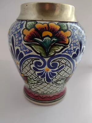 Buy Talavera Pottery Puebla Mexico,authentic Jar Pot With Metal Rim,D04, Signed RARE • 325.50£