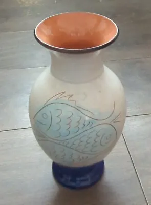 Buy Vintage Studio Pottery 9.5  Vase Pale Blue Fish Design Navy Blue Base/Rim VGC • 24.99£