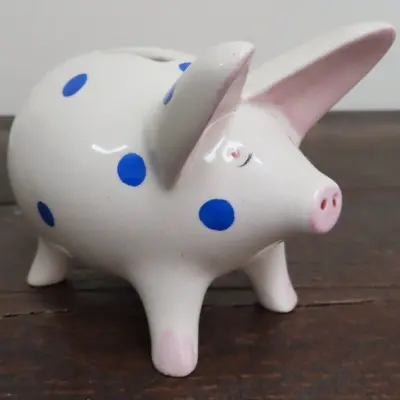 Buy Vintage Plichta White W/ Blue Spots Pottery Piggy Bank / Moneybox 3  Tall • 14.95£