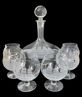 Buy Vintage Brandy Decanter W/ Stopper And 6 Snifters With Etched Clipper Ship • 120.64£