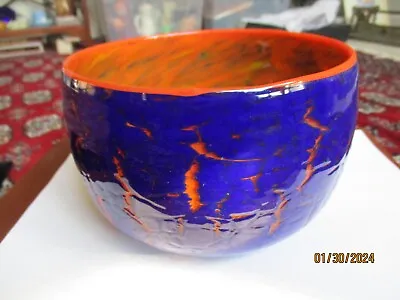 Buy Gathering Glass Studio Bowl, Blue/Orange Lava Crackle, Artists Signed 2005, 6 D • 28.87£