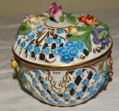 Buy Dresden Porcelain Flower Encrusted Pierce Design Lidded Display Bowl Collectible • 24.95£