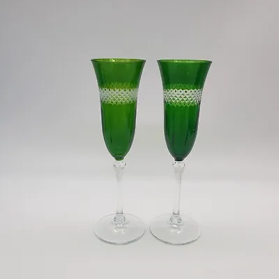 Buy (2) Czech Bohemian Cut To Clear Crystal Green Champagne Flute Glass • 38.56£