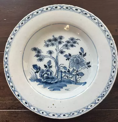 Buy Delft Blue & White Plate, 18th C Chinoiserie Fence & Garden Scene W/ Tree 9” • 120.06£