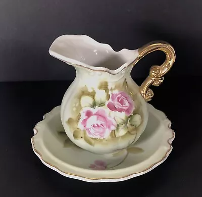 Buy Vintage LEFTON China Porcelain Green HERITAGE CABBAGE ROSE Pitcher & Bowl 4577 • 21.21£