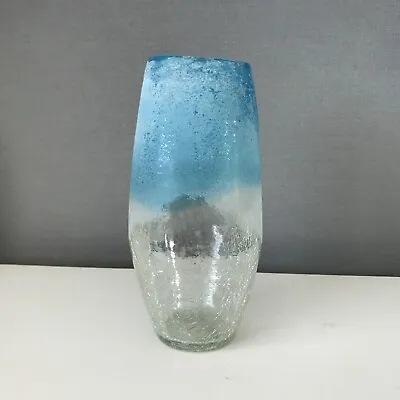 Buy Unusual Blue And Clear Crackle Scavo Art Glass Vase 26cm • 17.99£