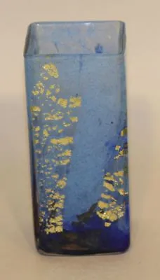 Buy Signed Daum Nancy France 4-3/4 Inch Blue Glass With Gold Flake Square Bud Vase • 767.28£