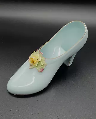 Buy Vintage ADDERLEY Blue Bone China Decorative Shoe With Yellow Rose 1950s • 10£