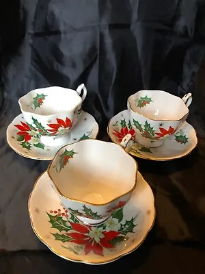 Buy X3 Vintage Queen Anne Noel Poinsettia England Tea Cup Teacup Saucer Gold Trim  • 30£