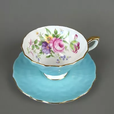 Buy Beautiful Aynsley Tea Cup And Saucer Turquoise With Flowers  |93 • 12.99£
