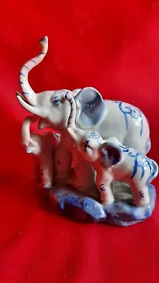Buy Vintage Blue & White China..group Of Three Elephants..adult And Babies • 6£