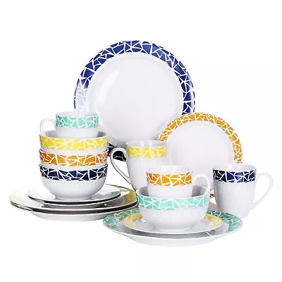 Buy Veweet Cecil 16pcs Dinner Set Bowl Mug Soup Side Plate Porcelain Kitchen Service • 45.59£