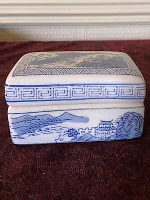 Buy Vintage Porcelain Lidded Oblong Box Blue & White Willow Landscape Chinese • 11.95£