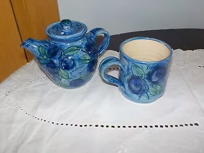 Buy Unused Crail Scottish Studio Pottery One Cup Teapot + Small Mug Blue/Green/B1 • 32.99£