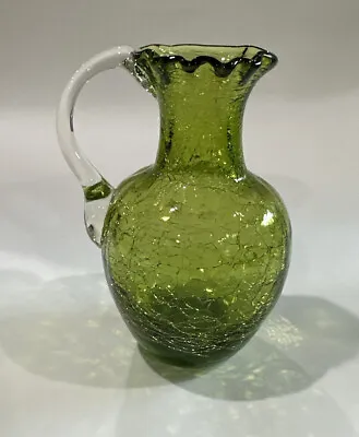 Buy Antique Crackle Glass Pitcher Vase Green Clear Handle • 11.42£