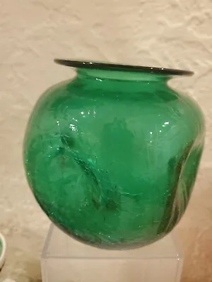 Buy Vintage Mid Century Studio Crafted Green Crackle Glass Dimpled Crimped Vase • 212.62£