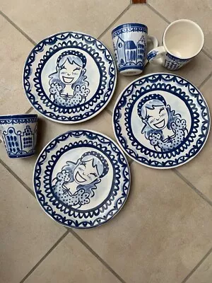 Buy Pottery Set 3 Dinner Plates With 3 Mugs 1 Apron - Blue/white Delfts Blond - New • 50£