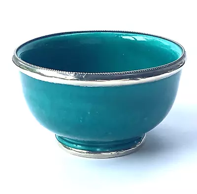 Buy Vintage Moroccan Pottery Green Finger Bowl Silver / White Metal Rim & Base Small • 16£