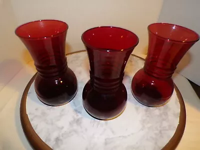 Buy 3-Vintage ANCHOR HOCKING Royal Ruby Red Depression Glass 3 Ring 6-3/8 Tall Vases • 35.91£