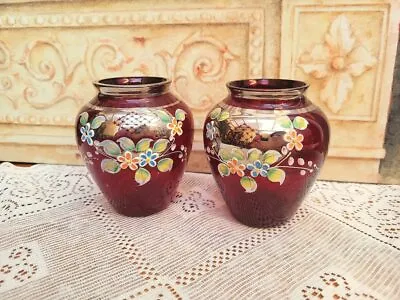 Buy Pair Bohemian Ruby Red Glass Vases Hand Painted Enamel Flowers Silver Trim • 30£