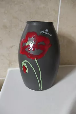 Buy Scheurich German Dark Grey Pottery 18.5 Cm Vase -red Enamel Flowers +green Stems • 39.50£