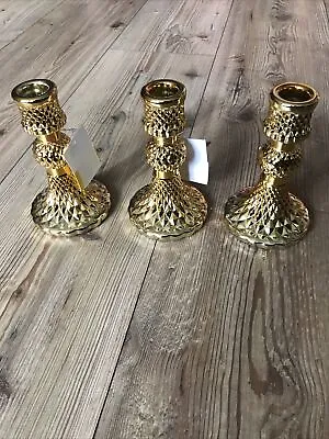 Buy Set Of 3 Gold Glass Candlesticks Bnwt 5.5ins Tall • 9.99£